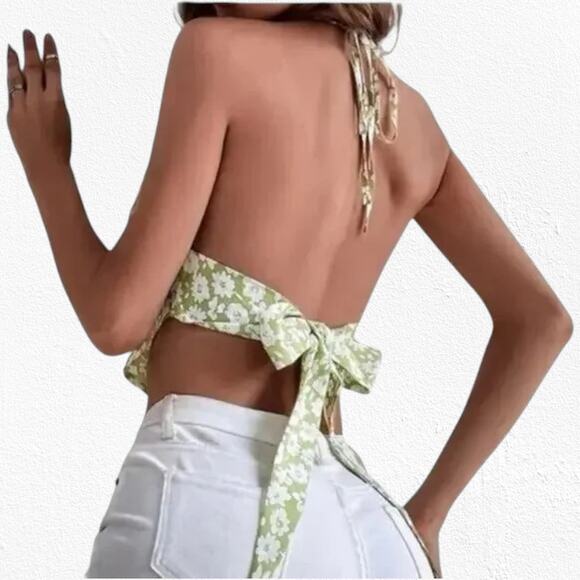Floral Green White Handkerchief Hem V Neck Halter Tie Back Tank Top Size Medium - Picture 3 of 8